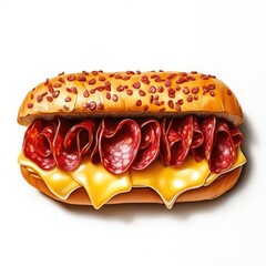 A digitally rendered sub sandwich on a seeded roll, overflowing with melted cheese and numerous slices of cured pepperoni