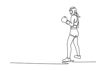 Single one line drawing cute female boxer wearing protective head guard and boxing gloves, ready to fight. Boxing champion train at gym. Modern continuous line draw design graphic vector illustration
