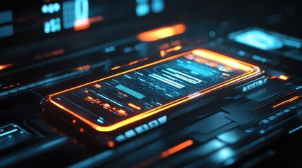 Obraz premium Futuristic phone embedded in a complex technological system. Dynamic glowing interface with orange and blue accents