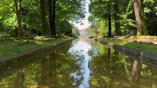 inside the park of Palazzo Arese Borromeo, the stream of water that leads to the fountain