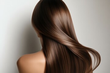 Fototapeta premium Luxurious Brown Hair: Experience the allure of healthy, shiny, and flowing brown hair. The image displays a back view of a woman with exquisite brown hair cascading down her back.