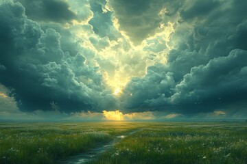 Dramatic sunset over grassy field, storm clouds