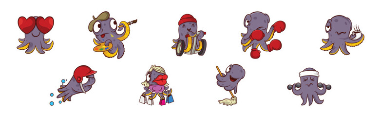 Funny Octopus Character Engaged in Different Activity Vector Set