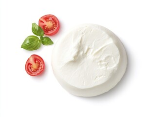 Creamy white cheese wheel, accompanied by halved cherry tomatoes and fresh basil leaves, isolated on a white background