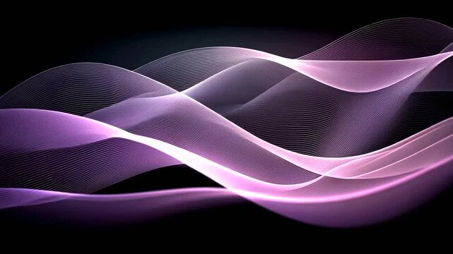 An abstract image features flowing, parallel lines of white and shades of violet on a black background, suggesting movement