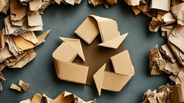 Recycling symbol made from cardboard surrounded by torn packaging paper pieces, emphasizing waste sorting, reuse, eco-awareness, and environmental conservation efforts,
