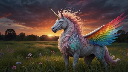 A winged unicorn, a peaceful and strange chimera creature.