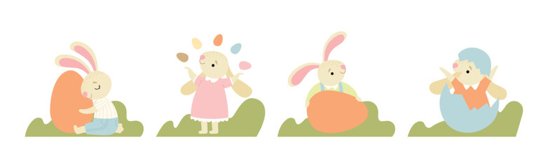Funny Bunny Character with Egg in Garden Vector Set