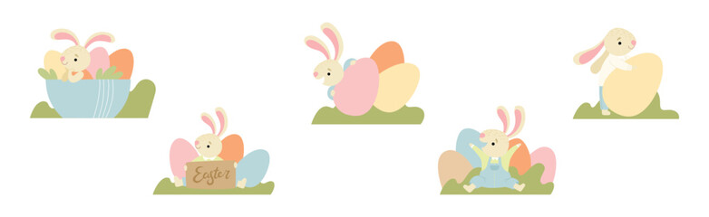 Funny Bunny Character with Egg in Garden Vector Set
