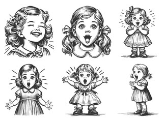 Surprised and Joyful Little Girl Set collection bundle sketch engraving generative ai vector illustration. Scratch board imitation. Black and white image.