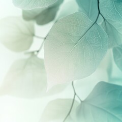 Soft-focus image of delicate, translucent teal leaves on slender branches against a bright, blurred background