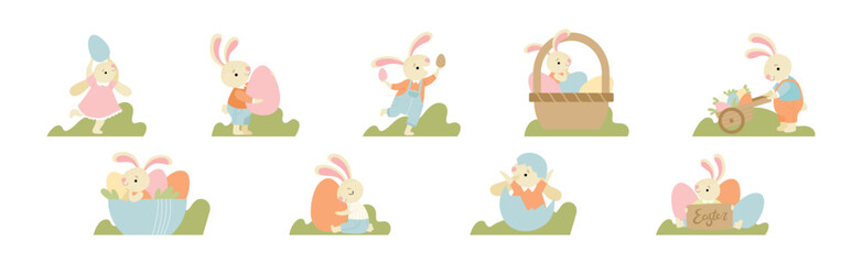 Fototapeta premium Funny Bunny Character with Egg in Garden Vector Set