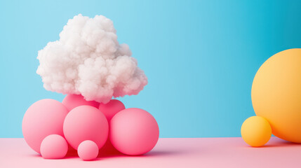 Brightly colored spheres and fluffy cloud create whimsical scene against pastel background, evoking joy and creativity