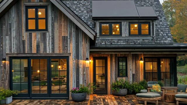 Rustic farmhouse with reclaimed wood siding, large windows, solar panels, and a spacious deck