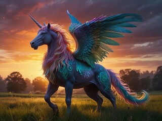 A winged unicorn, a peaceful and strange chimera creature.