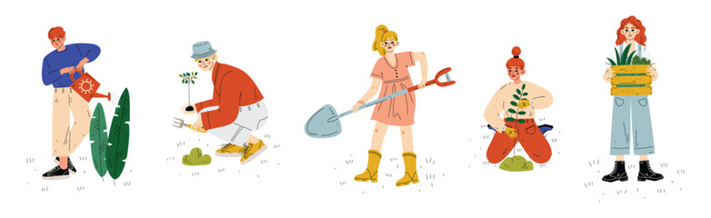 People Character Garden Worker Engaged in Farming Vector Set