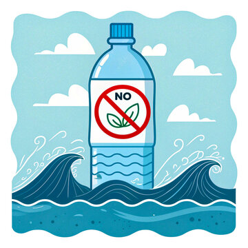 Plastic Bottle Floating in Ocean with No Pollution Sign for Clean Water Awareness Campaign

