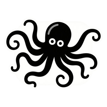 Playful Black Octopus with Rounded Tentacles and Simple Bold Lines in Underwater Scene Illustration