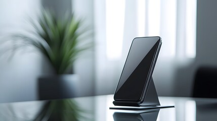 Modern phone holder on a sleek glass desk with minimal background
