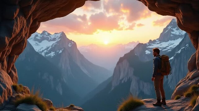 Adventurer Standing on Cliff Overlooking Majestic Mountains