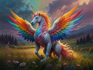 A winged unicorn, a peaceful and strange chimera creature.