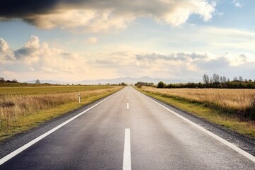 Open road leading to distant mountains under a cloudy sky