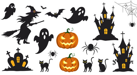 Fototapeta premium Halloween Silhouettes Witch Ghosts Pumpkins Cats Bats Haunted Houses Spiders