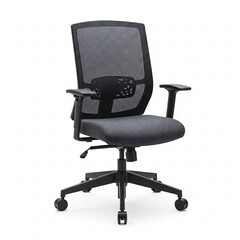 A black office chair with a high back, black armrests, and a wheeled base.