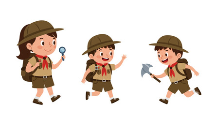 Three Cartoon Scouts with Backpacks Magnifying Glass and Axe