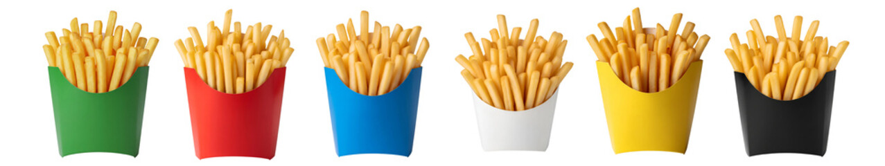 French fries in colorful boxes isolated on transparent background