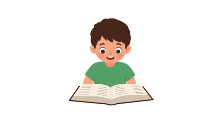 Cartoon Boy Reading an Open Book with a Happy Expression