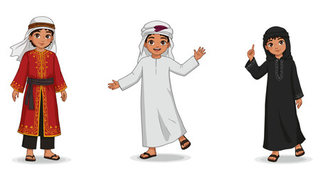 Three Cartoon Children in Traditional Middle Eastern Clothing