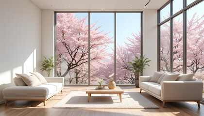 Modern Minimalist Living Room with Cherry Blossom View