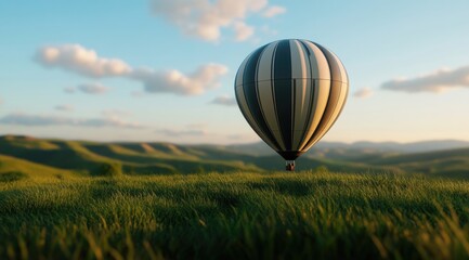 Obraz premium A black and white striped hot air balloon gently floats over a vibrant green field at sunset, nestled among rolling hills under a partly cloudy sky