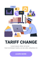 Tariff change concept customs officer using laptop analyzing trade data graphs coins packages financial symbols digital platform