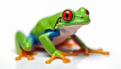 Obraz premium Single vibrant red-eyed tree frog on pure white, white, animal