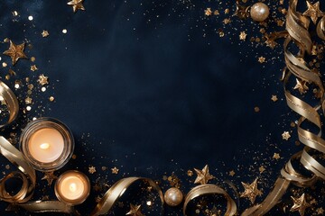 flatlay of dark navy background with gold Christmas decorations forming elegant border, golden stars, ribbon curls, candlelight reflections, luxurious and magical, center left empty