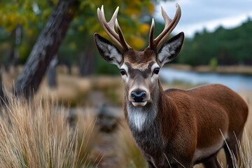 Obraz premium Majestic Stag Gazes Directly at Camera with Impressive Antlers a