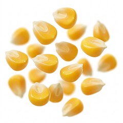 Fototapeta premium Yellow corn kernels elegantly falling on a white background.