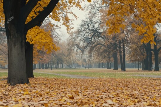 Misty autumn park with golden leaves covering the ground, large trees lining a path leading to a hazy background