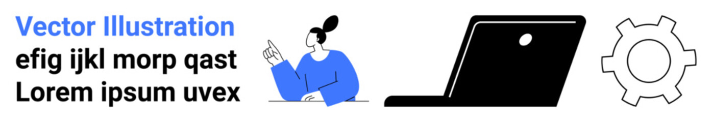 Woman gesturing thoughtfully, paired with laptop and gear. Ideal for technology, collaboration, creativity, innovation, problem-solving, teamwork, and simple landing page