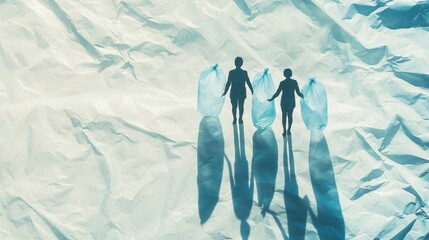 Human silhouettes and large transparent inflated plastic bags, plastic free bag day concept