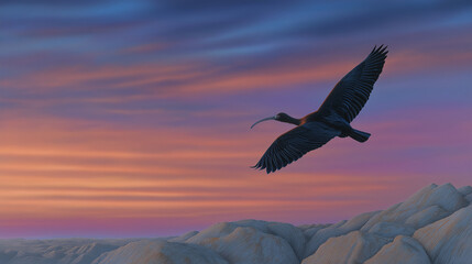 Fototapeta premium Northernbaldibis in flight over cliffs at sunset with warm glow