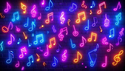 Neon Musical Notes on Brick Wall.
