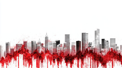 Fototapeta premium Crumbling stock market graph with red lines over city skyline, symbolizing economic decline and uncertainty