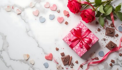 red rose, gift box, and chocolate on a white background