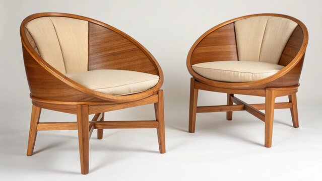 Two wooden half-sphere chairs with beige cushions on a light background.