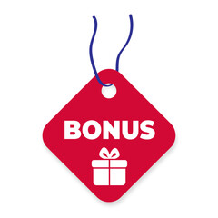 bonus tag sticker on a thread in red and blue