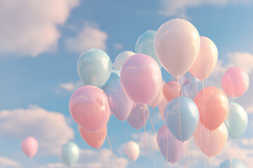 青空に浮かぶパステル風船の群れ