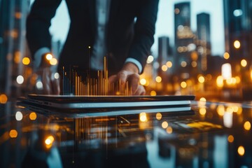 A person in business attire interacts with a laptop displaying data visualizations against a blurred city lights backdrop